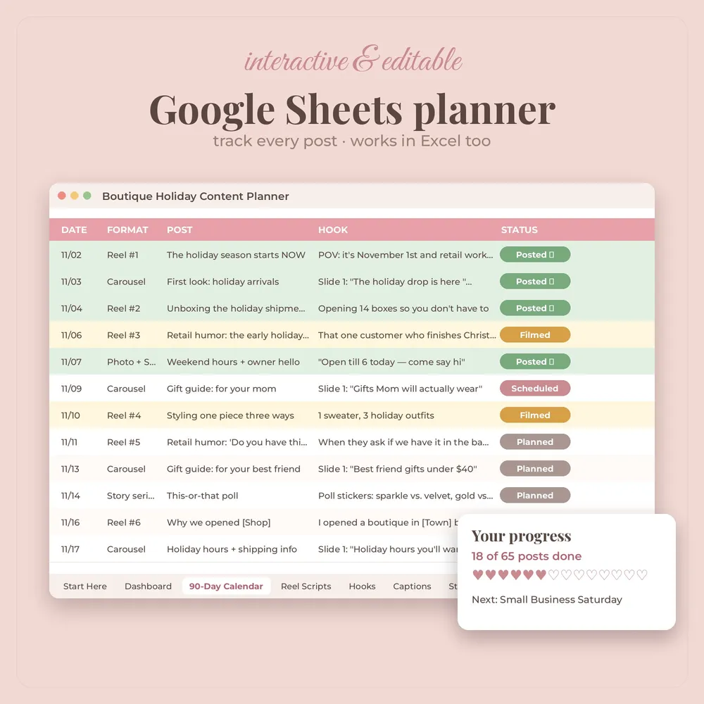 Boutique Holiday Content Kit: Google Sheets planner