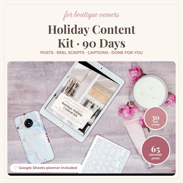 Boutique Holiday Content Kit preview: calendar, Reel scripts and planner