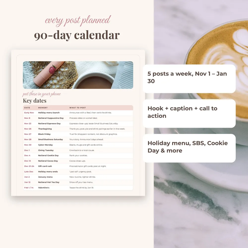 Coffee Shop Holiday Content Kit: 90-day calendar
