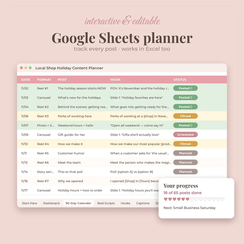 Local Shop Holiday Content Kit: Google Sheets planner